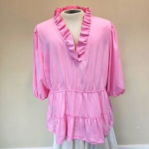 Crown & Ivy Top Women Sz 3X Pink Ruffle V-neck Pullover 100%Tencel Lyocell